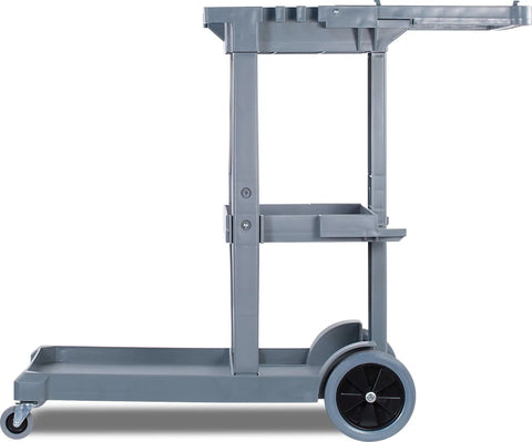 Workhorse Heavy Duty Janitorial Cart 45 Inch Platform With 25 Gallon Trash Bag For Restaurants Hospitals And Schools Plastic Gray With Three Shelf Organization System For Easy Cleanups On The Go