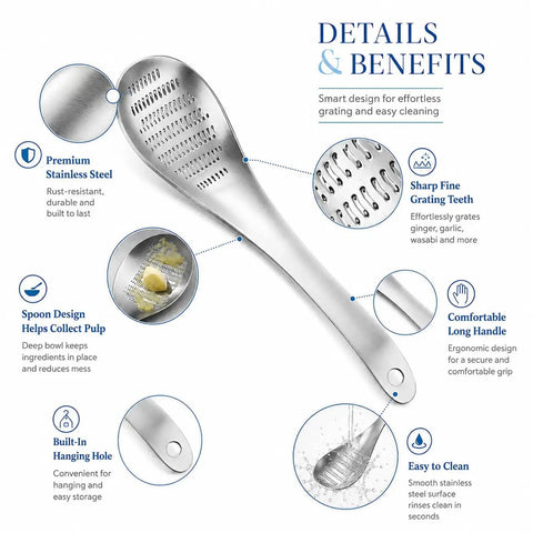 Ginger Grater Spoon And Lime Zester With Garlic Press And Wasabi Grinder, Game Changing Stainless Steel 430 Multi Use Grating Gadget details