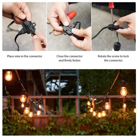 Warm White 50ft Low Voltage String Lights With 10 2W Bulbs, 135 Lumens Each, 2800K, three-step installation and connection