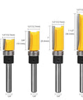 4 Piece Flush Trim Router Bit Set With Top Bearing Carbide Cutters 1/2, 3/4, 1, 1-1/2 Inch sizes for clean edge work on wood.