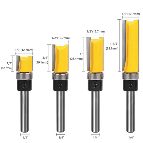 4 Piece Flush Trim Router Bit Set With Top Bearing Carbide Cutters 1/2, 3/4, 1, 1-1/2 Inch sizes for clean edge work on wood.