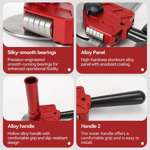 Sheet metal bender with red alloy body, roller bearings, and dual handles (red post, black bar).