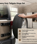 Heavy Duty Tailgate Hinge Set For Jeep Wrangler Jk And Jku 2007 Through 2018 showing reinforced steel construction and tire support.