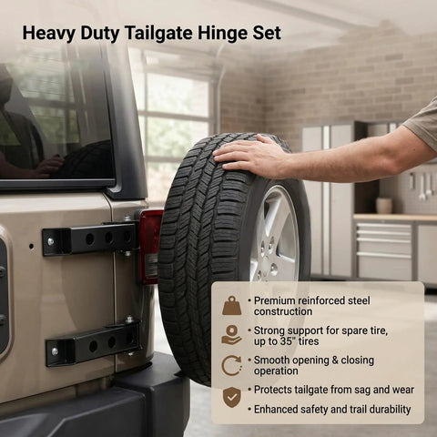 Heavy Duty Tailgate Hinge Set For Jeep Wrangler Jk And Jku 2007 Through 2018 showing reinforced steel construction and tire support.