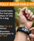 Man adjusting Tactical Paracord Compass Survival Bracelet Set With Fire Starter Kit and Whistle, fits 7.5 to 10.5 inch wrists