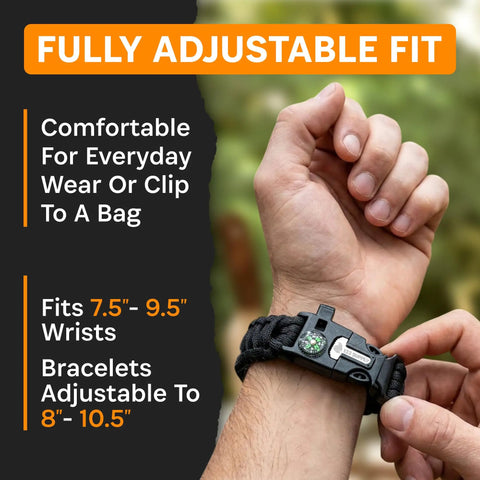 Man adjusting Tactical Paracord Compass Survival Bracelet Set With Fire Starter Kit and Whistle, fits 7.5 to 10.5 inch wrists