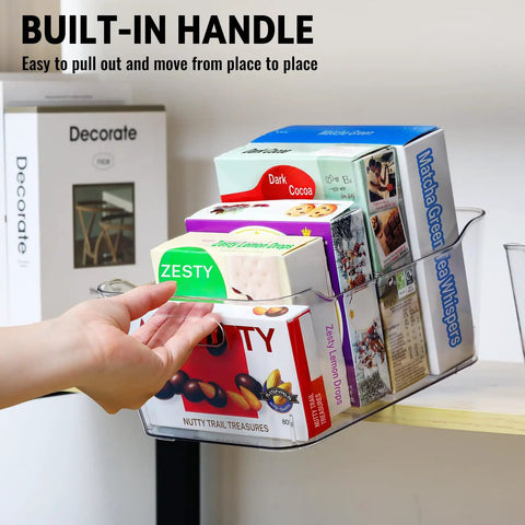 Straight Up Kitchen Pantry Game Changer This Twelve Pack Of Clear Plastic Storage Bins And Bold Black Labels, clear bins with built-in handles for snacks.