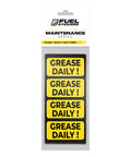 Daily Lubrication Stickers For Heavy Duty Machinery And Equipment - 2x1 Inch Maintenance Labels, 20 Count, Ultra Durable USA Made, Clear Lubrication Reminders To Prolong Equipment Life And Cut Downtime. Pack of yellow "GREASE DAILY!" maintenance labels for machinery