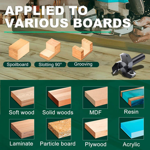 Slab Flattening Router Bit With 1/2 Inch Shank, 2 Inch Cutting Diameter, applied on various boards and materials.