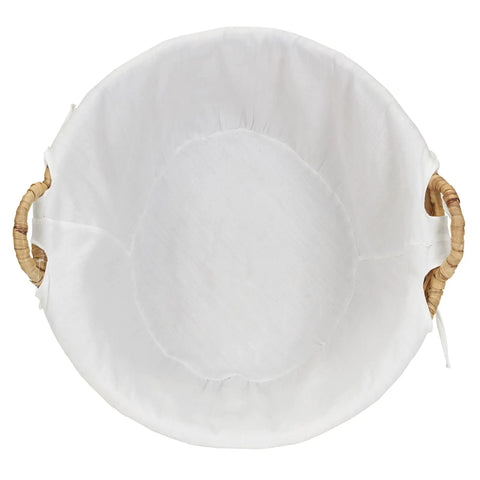 Top view of Round Wicker Laundry Basket With Easy Carry Handles, Water Hyacinth Construction, removable polyester liner visible