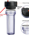 Ten Inch Whole House Slim Water Filter Housing With Pressure Relief Valve Three Quarter Inch NPT Brass Ports Fits Two And A Half Inch By Ten Inch Filters Clear See Through Housing, showing disassembled components and flow direction.