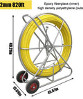 Heavy Duty Fiberglass Fish Tape Duct Rodder Workhorse Reel With Smart Brake And Dual Wheels 820 Feet Long on a reel with dimensions.