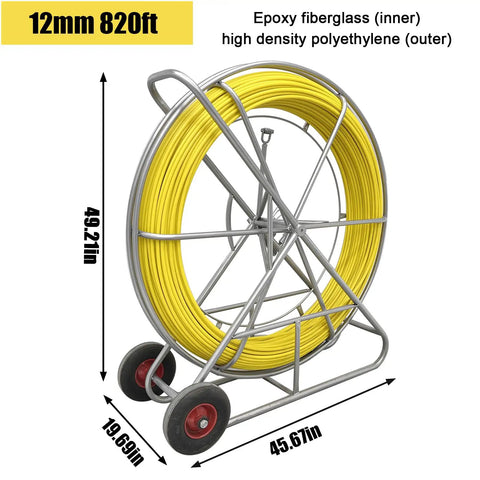 Heavy Duty Fiberglass Fish Tape Duct Rodder Workhorse Reel With Smart Brake And Dual Wheels 820 Feet Long on a reel with dimensions.