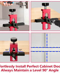 Adjustable Cabinet Door Installer Tool With Removable Base And Aluminum Alloy Construction shown clamping and positioning cabinet door.