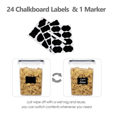 24 chalkboard labels and marker with eight piece airtight food storage canisters with lids for pantry organization