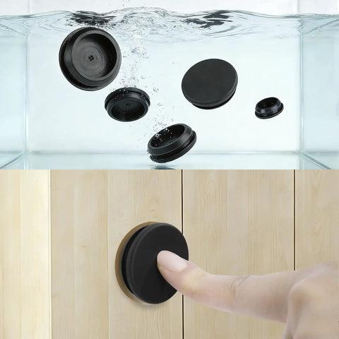 Get This Awesome 24 Piece Black Silicone Rubber Hole Plug Assortment Kit with Secure Box For sealing pipes and machinery holes perfectly. Five practical sizes including five eighths inch to one and half inch black silicone plugs sealing water and wood holes
