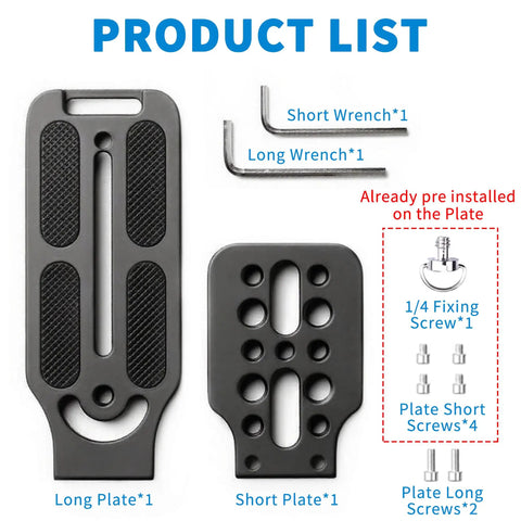 DSLR L Bracket Quick Release Plate with wrenches and screws included, shown in product list layout.