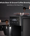 10 Cup Grind And Brew Coffee Maker Featuring A Sleek Touch Display, Programmable Schedule, Custom Grind Levels, Smooth Sip Keep Warm, And Hassle Free Set It Forget It Automation For Daily Caffeine Cravings with whole beans and ground coffee being added.