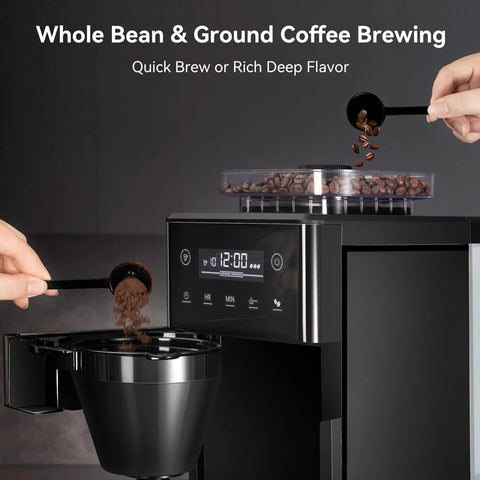 10 Cup Grind And Brew Coffee Maker Featuring A Sleek Touch Display, Programmable Schedule, Custom Grind Levels, Smooth Sip Keep Warm, And Hassle Free Set It Forget It Automation For Daily Caffeine Cravings with whole beans and ground coffee being added.
