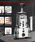 Drill Powered Manual Wire Stripping Machine For 0.06 To 1 Inch Wires with hand crank, showing wire compatibility and dimensions