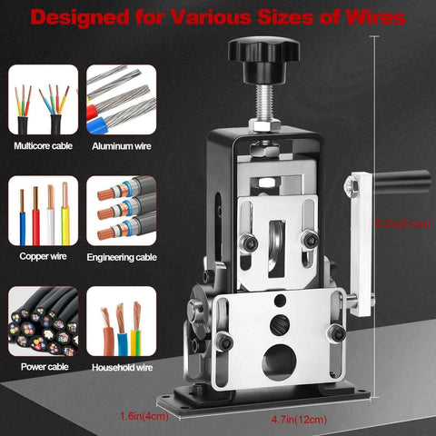 Drill Powered Manual Wire Stripping Machine For 0.06 To 1 Inch Wires with hand crank, showing wire compatibility and dimensions