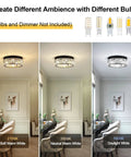 Semi Flush Mount Crystal Ceiling Light With Open Bottom Design, Modern Round Chandelier in various lighting settings.