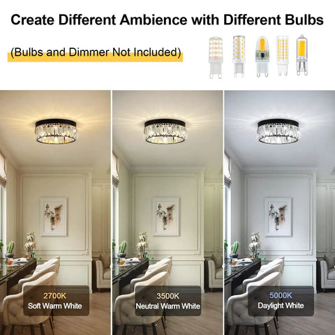 Semi Flush Mount Crystal Ceiling Light With Open Bottom Design, Modern Round Chandelier in various lighting settings.