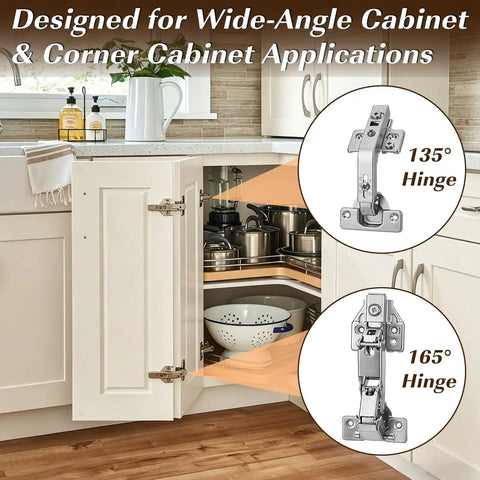 8 Pack Corner Cabinet Hinges With 135 Degree And 165 Degree Soft Close in kitchen cabinet with open doors