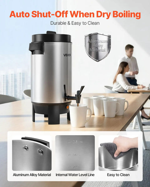 Big Batch 40 Cup Coffee Urn With Dripless Faucet And 203oz Capacity on table with cups in office setting