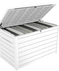 XXL 230 Gallon Deck Storage Box Outdoor Patio Container With Lockable Lid And Piston Opening White Wood Look Panels For Cushions Garden And Pool Supplies Ginormous Patio Storage Solution with open lid showing interior.