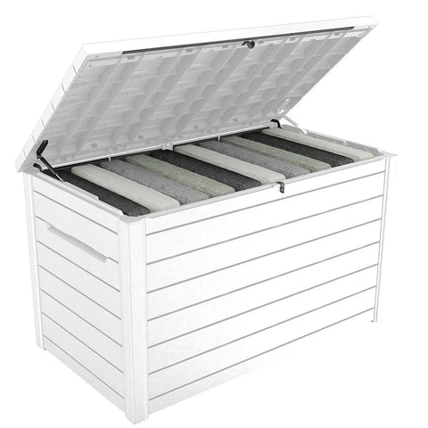 XXL 230 Gallon Deck Storage Box Outdoor Patio Container With Lockable Lid And Piston Opening White Wood Look Panels For Cushions Garden And Pool Supplies Ginormous Patio Storage Solution with open lid showing interior.