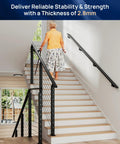 Woman ascending stairs with 10 Ft Black Aluminum Handrail Featuring Pro Grade Powder Coating And Top Shelf Nylon End Caps.