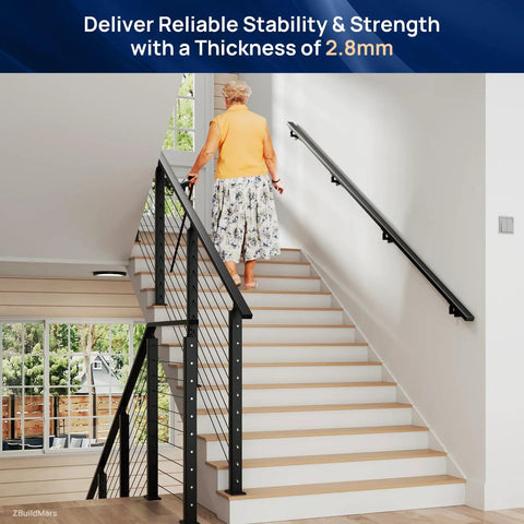 Woman ascending stairs with 10 Ft Black Aluminum Handrail Featuring Pro Grade Powder Coating And Top Shelf Nylon End Caps.