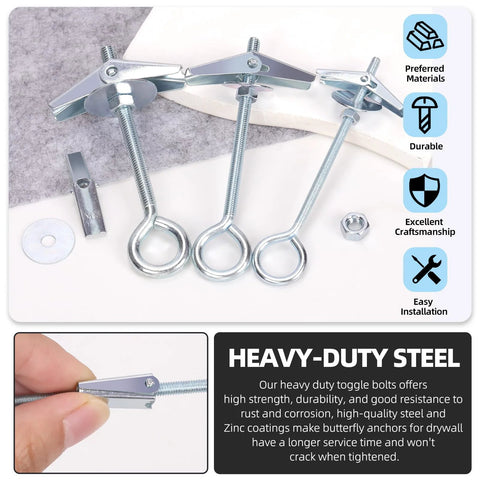 15 Piece M4 75mm O Shaped Eye Bolt Toggle Anchors Kit For Drywall Sheetrock Hollow Wall And Ceiling Installations Including Butterfly Anchors And Spring Toggle Wing Bolts Heavy Duty Zinc Coated Carbon Steel Construction For Long Lasting Support, showing toggle bolts and included components