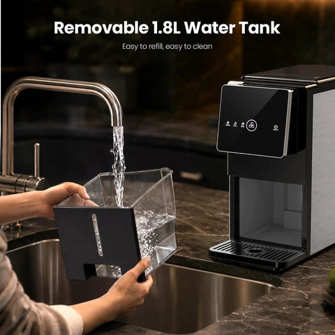 Smooth Crew Countertop Nugget Ice Maker With Tap On Dispenser, filling removable 1.8L water tank at the sink.