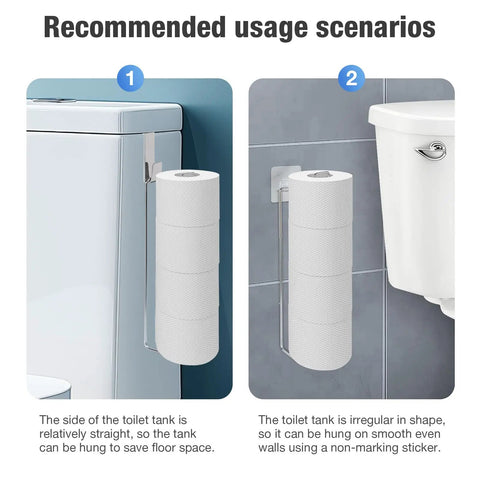 Over The Tank Toilet Paper Storage Holder For Four Rolls And Mega Rolls Up To Six Point Five Inches Diameter Stainless Steel Rustproof Wall Mount RV And Bathroom Organization Silver Finish shown in bathroom usage scenarios