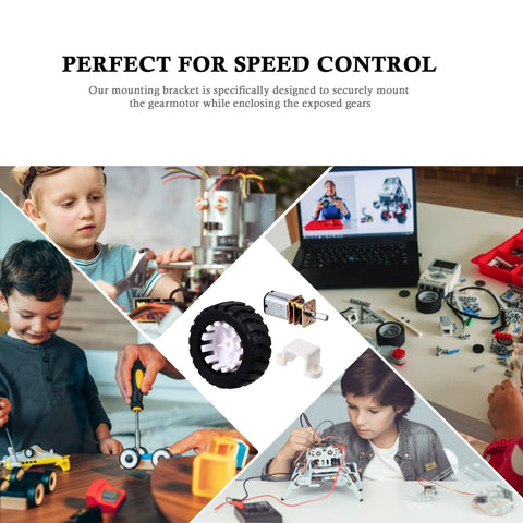 Collage of children using 2 Sets Mini DC Gear Motor Kit With Rubber Tire for educational projects and speed control demos.
