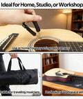 Ultimate Guitar Care Kit With Felt Work Mat Neck Rest String Winder Fret Polishing Tools Cleaning Accessories And Storage Bags For Acoustic And Electric Guitars Complete Maintenance System For Pro Players shown with tools, bag, and guitar setup on table.