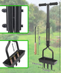 Manual Lawn Aerator with Soil Core Storage Tray, black alloy, dimensions 95cm height, shown in garden setting