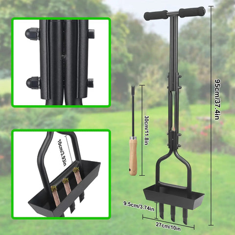 Manual Lawn Aerator with Soil Core Storage Tray, black alloy, dimensions 95cm height, shown in garden setting