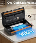 Open Powerhouse Vacuum Sealer For Food With 90KPa Power And 7 In 1 Modes showing internal blade and 90kPa suction power on counter