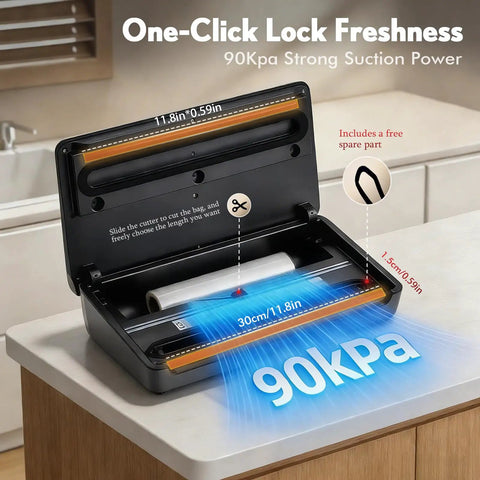 Open Powerhouse Vacuum Sealer For Food With 90KPa Power And 7 In 1 Modes showing internal blade and 90kPa suction power on counter