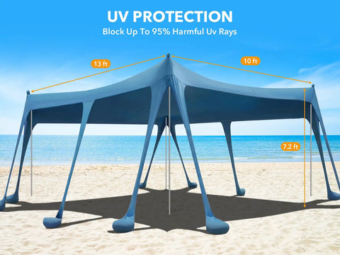 Rock Solid Beach Canopy Tent 10x13 Ft With Ten Sandbags And 22mm Thick Aluminum Poles, UPF50Plus Sun Shade on a sunny beach