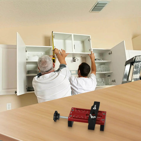 Two men installing cabinets using Heavy Duty Cabinet Door Positioner Clamp, Adjustable Aluminum Alloy Vertical Installation Tool