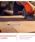 Woodworker using sander next to Two Pack Heavy Duty 3 Inch Woodworking G Clamps Table Mount Desktop Clamps For Woodworking And Furniture Assembly Secure Hold Cabinet Making DIY Projects Sturdy Metal Clamp Set.