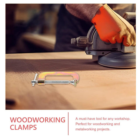 Woodworker using sander next to Two Pack Heavy Duty 3 Inch Woodworking G Clamps Table Mount Desktop Clamps For Woodworking And Furniture Assembly Secure Hold Cabinet Making DIY Projects Sturdy Metal Clamp Set.