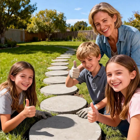 Family with 8 Piece Round Stepping Stone Molds For Concrete Easy DIY Paver Molds With 11.8 Inch Diameter And 1.18 Inch Depth in garden
