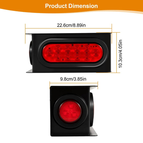 All In One Steel Trailer Light Box Kit dimensions with 6 inch oval red 10 LED tail lights and 2 inch round side marker lights shown