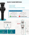 Infographic of quick-install ABS drain with diagrams, dimensions, suitable for sinks with overflow for 8 Inch Widespread Matte Black Bathroom Faucet