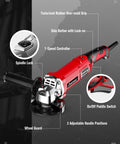 AVID POWER red angle grinder, 4-1/2 in, 8.0A, side view with paddle switch and handle